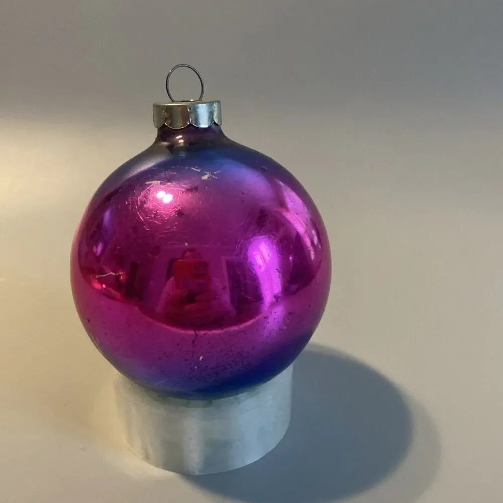 Vintage Christmas Ombre Glass Ornament Hand Made In USA 8.25” Blue Pink Fade